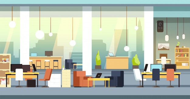 Coworking interior. Empty open space office, workspace vector illustration