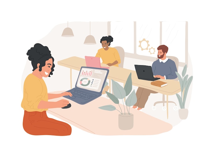 Vector coworking isolated concept vector illustration coworking for freelancers teamwork and communication independent activity collaboration in shared office space selfemployed vector concept