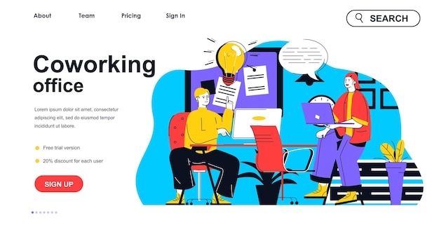 Coworking office concept for landing page template employees brainstorming and working together coworkers or colleagues people scene vector illustration with flat character design for web banner