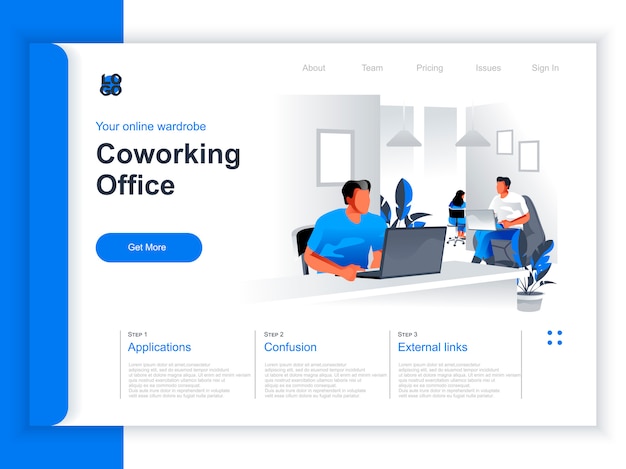コワーキングオフィス等尺性ランディングページ。コワーキングオープンスペースエリアの状況でコンピューターを使用する人々。現代のビジネスコミュニティ、現代的なワークスペースの視点のフラットデザインの同僚。