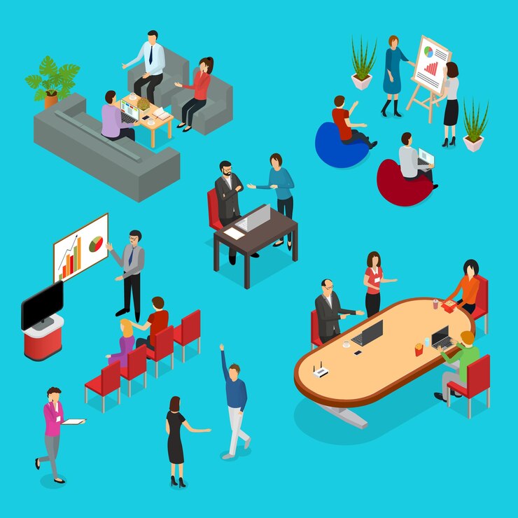 Вектор коворкинг людей и оборудования 3d icons set isometric view vector