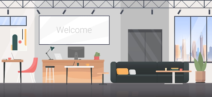 Vector coworking room interior, empty modern office apartment workplace background