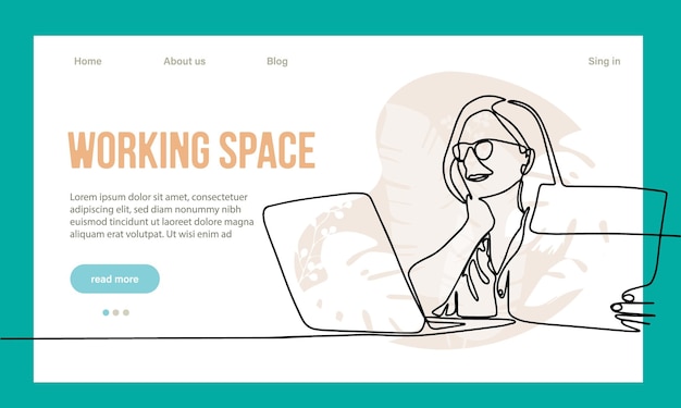 Coworking ruimte bestemmingspagina cartoon sjabloon. Freelancers team werkt online op laptop