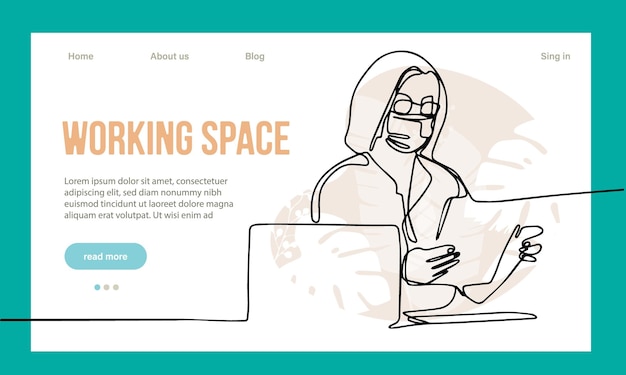 Coworking ruimte bestemmingspagina cartoon sjabloon. Freelancers team werkt online op laptop