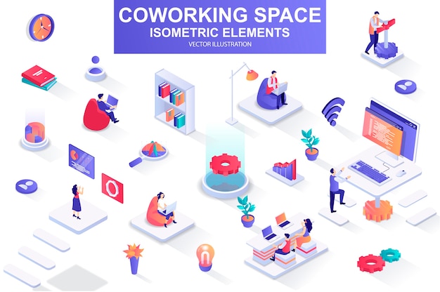 Coworking space bundel van isometrische elementen illustratie