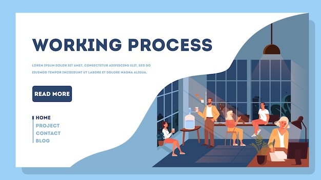 Coworking space. business people work in team. workers sitting at the desk. idea of communication and collaboration.  illustration, web banner concept