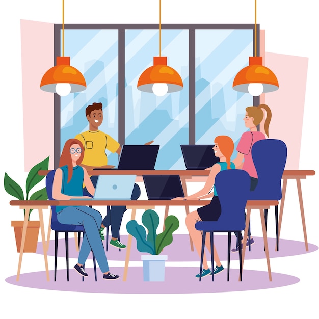 Coworking space, group people with laptops in desks, team working concept illustration