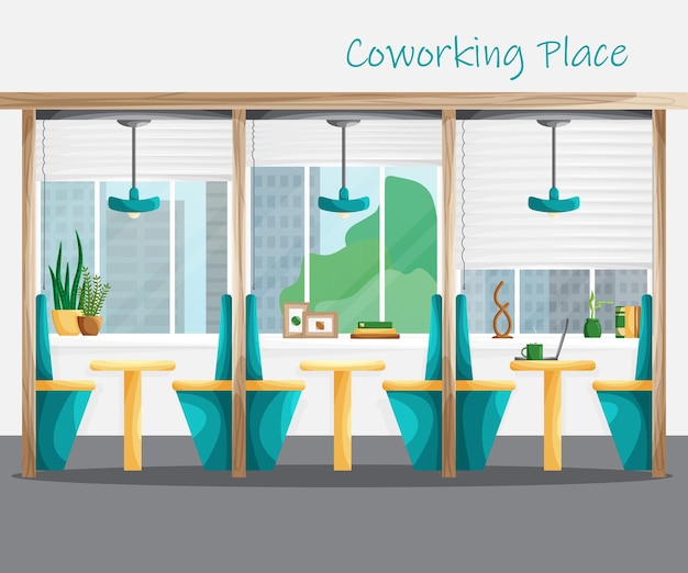 Coworking space interior with workplaces, creative workroom, coworker center in university campus