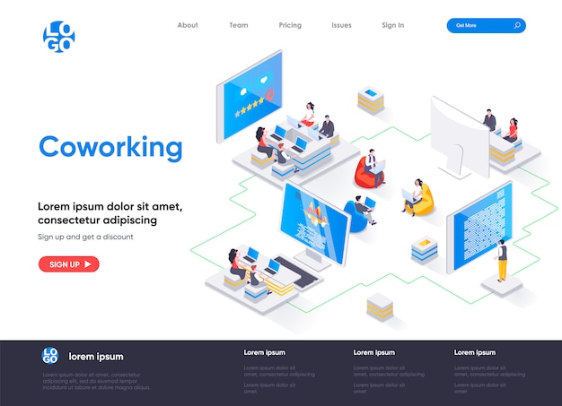 Vector coworking space isometric landing page template