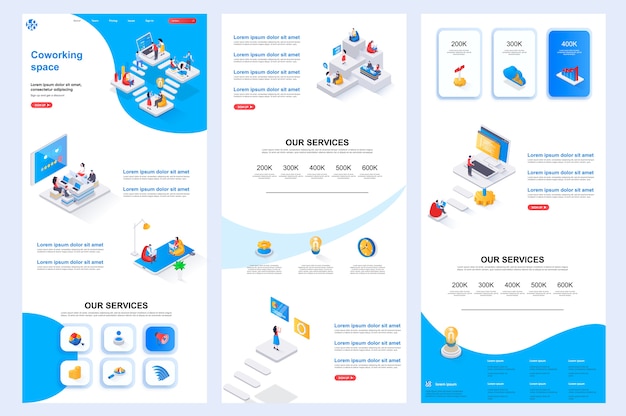 Coworking space isometric website template landing page middle content and footer