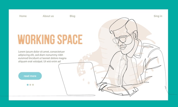 Coworking space landing page cartoon template. freelancers team working online on laptop