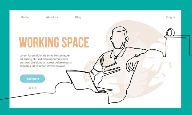 Coworking Space Landing Page Flat Cartoon-sjabloon. Freelancers team werkt online op laptop.