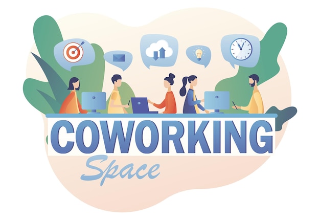 Coworking space tiny people working on laptops computers smartphones on shared modern office