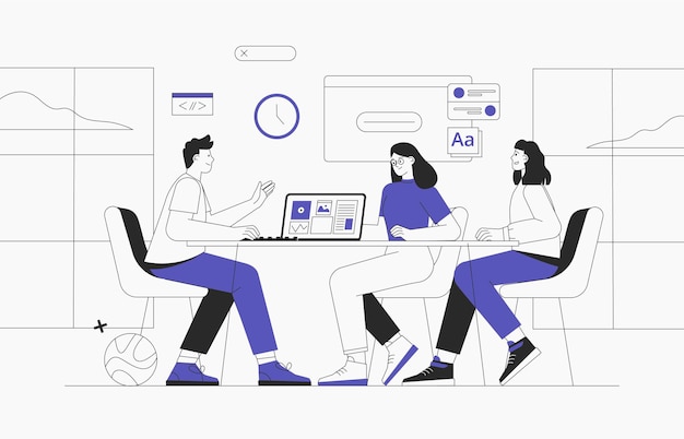 Spazio di coworking con uomini d'affari seduti al tavolo. analizzano grafici e report. illustrazione di contorno vettoriale per co-working, lavoro di squadra, concetto di spazio di lavoro. squadra che lavora al progetto.