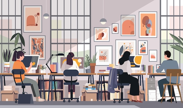 coworking space with people working modern office interior plants artwork bookshelves large windows minimalistic design