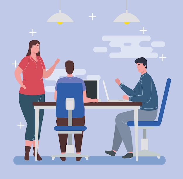 coworking space, woman and men with laptops in big desk, concept of team working.