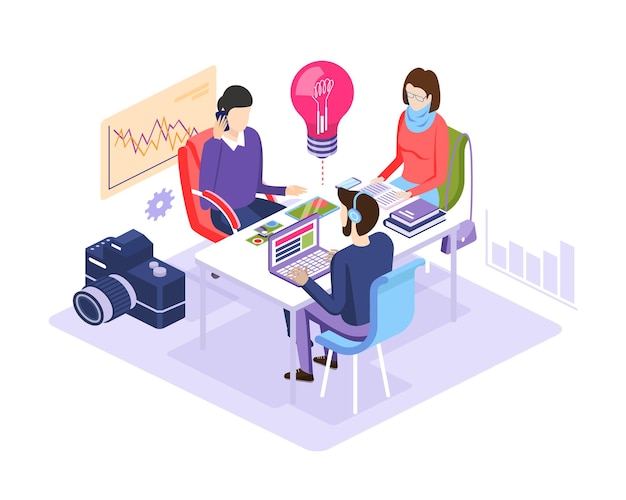 Coworking with creative people sitting at the table. Designers working together on a project. Business team working in teamwork in office room on business meeting. Isometric vector.