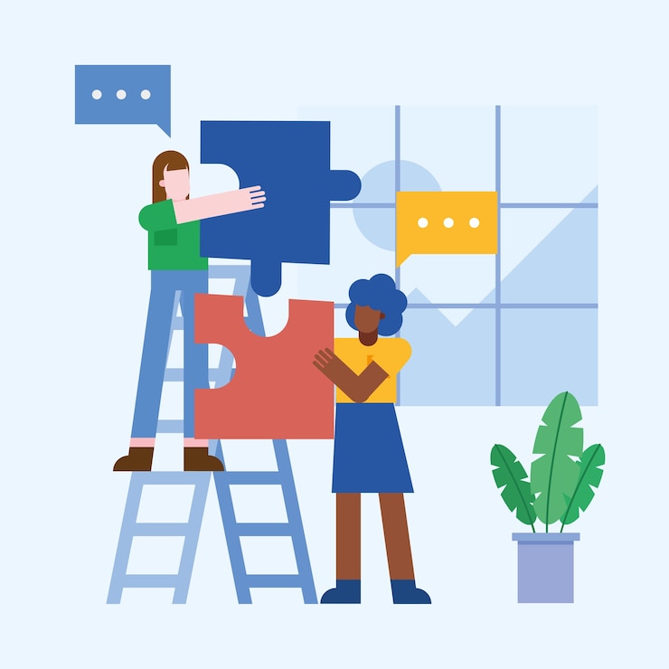 Vector coworking of women on ladder with bubbles and puzzles at office