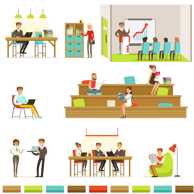 Coworking workplace, freelancers sharing space and ideas in office where they work together set of illustrations