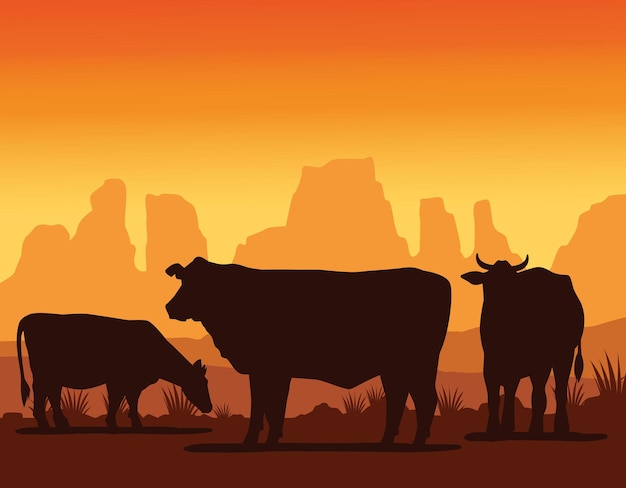 ベクトル 風景の中の牛animasl農場のシルエット
