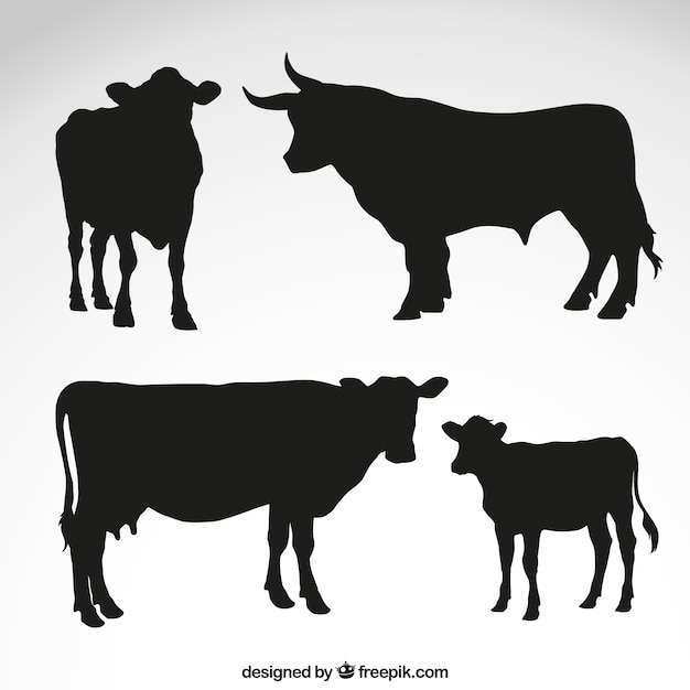 Vector cows and bull silhouettes