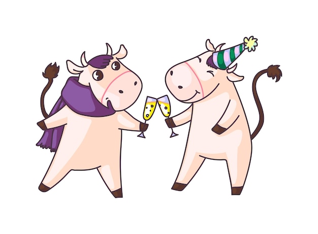 Vector cows clinking champagne glasses at new year party