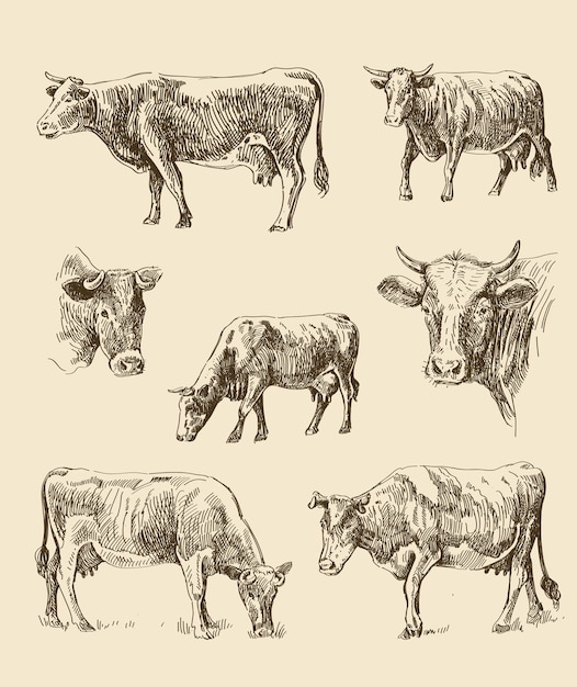 ベクトル 牧草地で放牧している牛。手で書いた