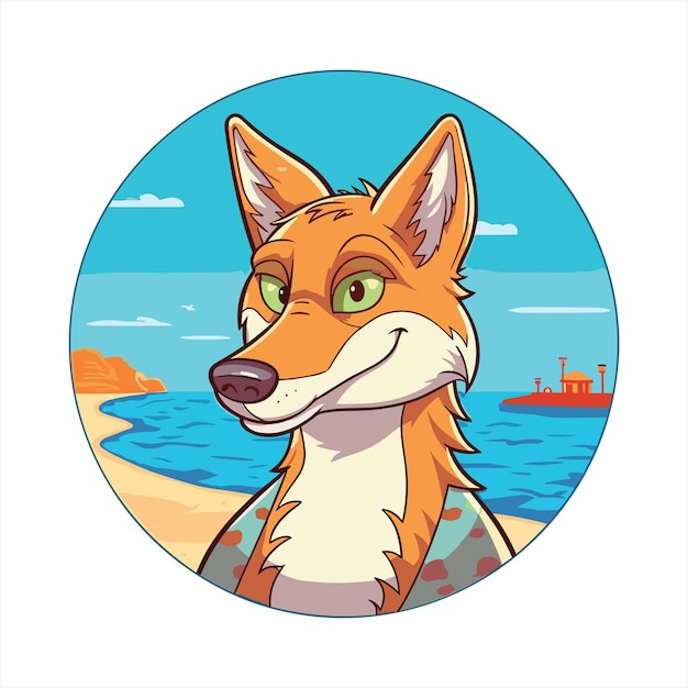 Coyote Cute Funny Cartoon Kawaii Kleurrijke waterverf Beach Summer Animal Pet Sticker Illustratie