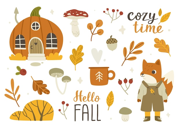 Vector cozy autumn bundle fairy tale autumn collection cute cartoon fall set