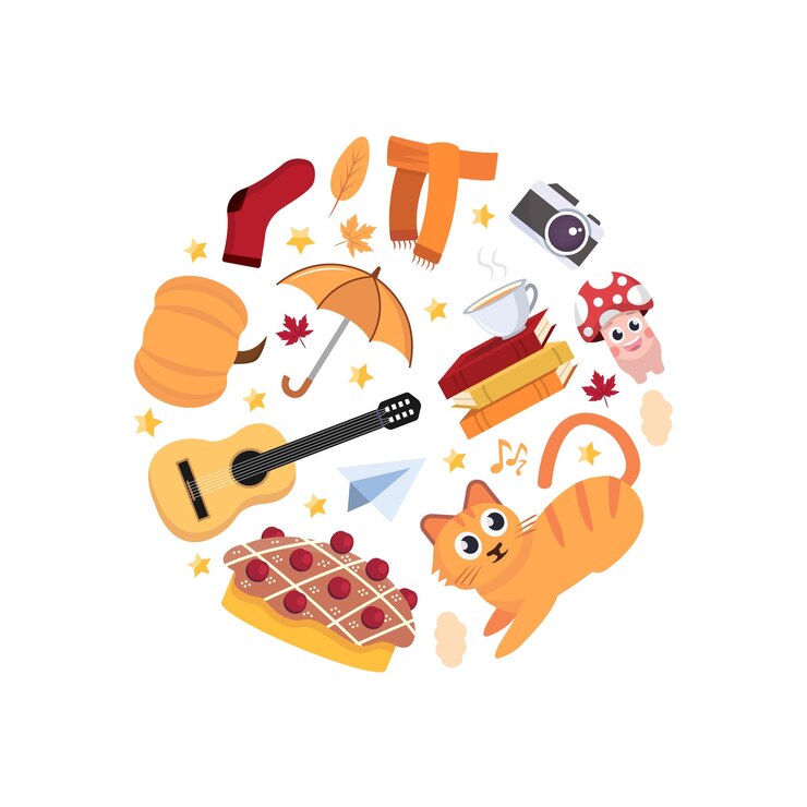 cozy autumn circle homely warm autumn atmosphere items teapot cat leaves mushrooms umbrella rainy days vector cartoon items circle shaped flat background