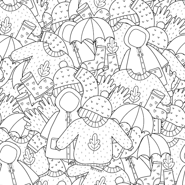 Cozy autumn clothes seamless pattern. Doodle warm clothes coloring page. Black and white background