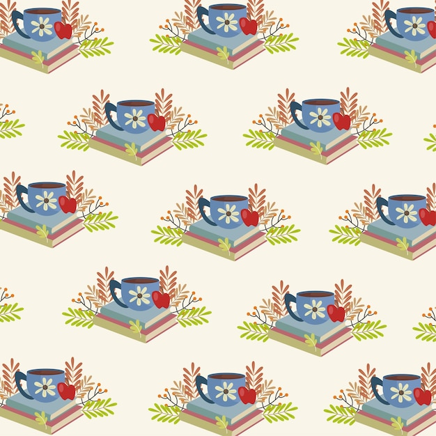 Cozy autumn design pattern. Flowering cup, flowers and leaves. Autumn wallpaper