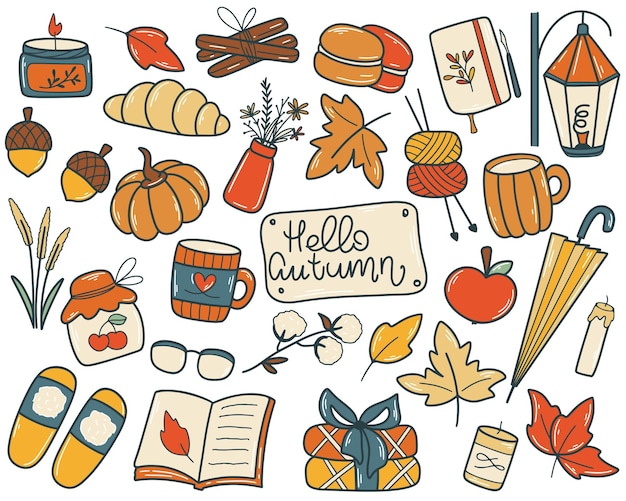 Cozy autumn doodle set Hand drawn aesthetic of autumn Collection leaf food textiles and home comfort