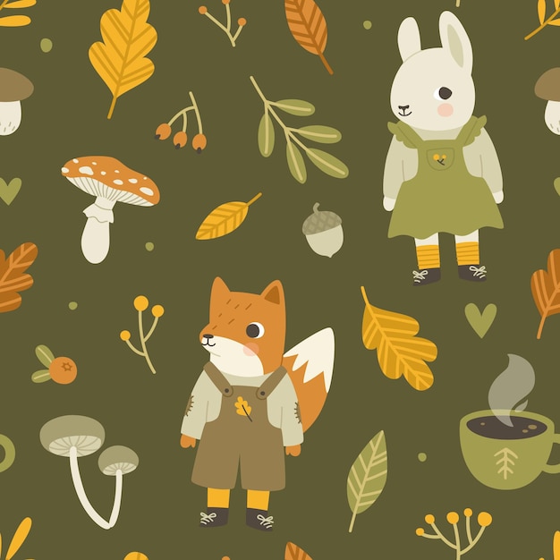 Cozy autumn forest pattern with cute dressed baby animals seamless vector fall print for kids fabric