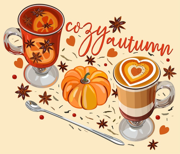 Вектор Уютная осень. горячие сладкие и вкусные напитки и тыква. осенняя концепция.