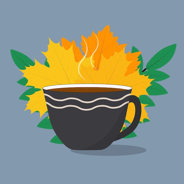 Cozy autumn illustration Hot drink and leaves