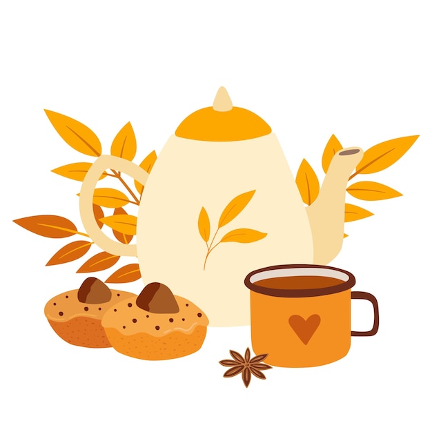 Cozy autumn kettle cup of tea and cupcake on white background Hand drawn hot drink and leaves vector illustration