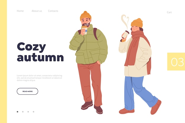 Cozy autumn landing page template with positive young man woman people cartoon character wearing warm clothes enjoying aroma beverage while walking outdoors Fall season website vector illustration