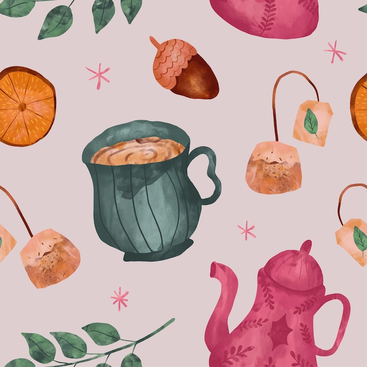 Vector cozy autumn pattern tea time watercolor illustration