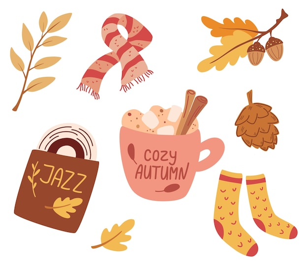 Cozy autumn. set of cute autumn elements: scarf, knitted socks, warming drink, jazz record, autumn leaves. idea of coziness and comfortable lifestyle, winter or autumn mood. hygge vector illustration.