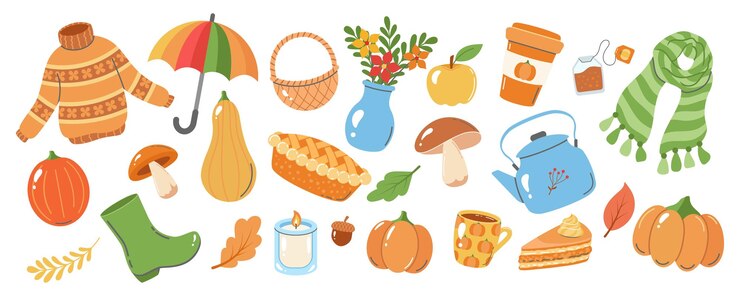 Vector cozy autumn themed collection featuring pumpkins scarves mushrooms tea and seasonal items perfect