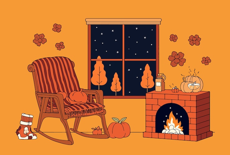 Vector cozy autumnal scene with fireplace and rocking chair