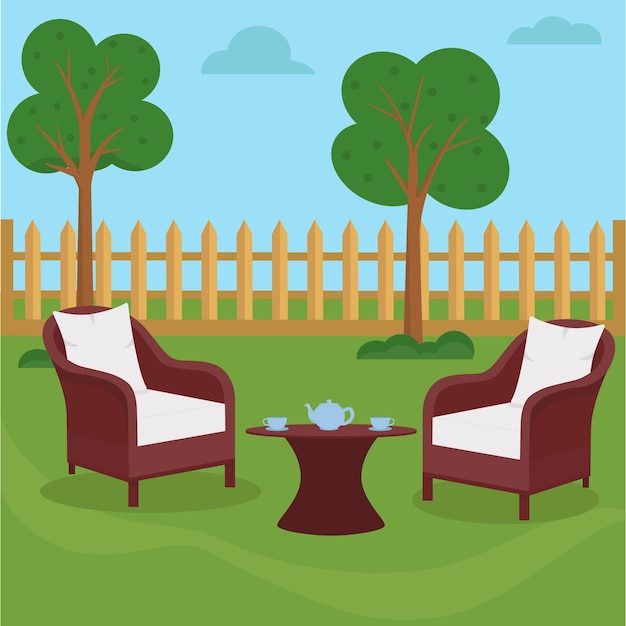 Vector cozy backyard for family or friends to relax. flat vector illustration