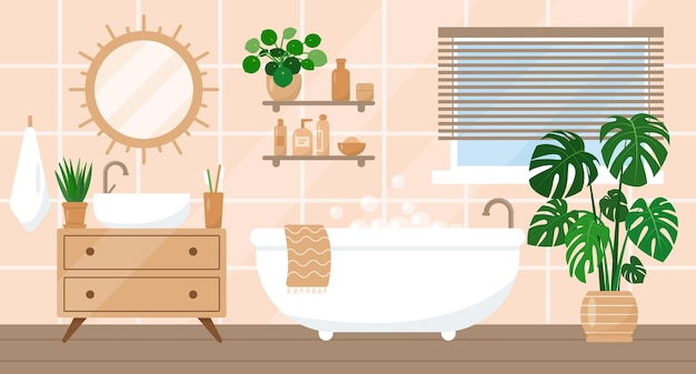 Cozy bathroom interior in trendy Scandic hygge style with bathtub plants sink and accessories