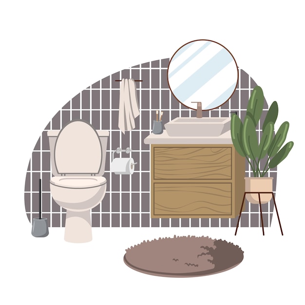 Уютные интерьеры ванной комнаты ванные комнаты и гардеробы с раковинами раковины зеркала шкафы и растения плоская векторная иллюстрация на белом фоне