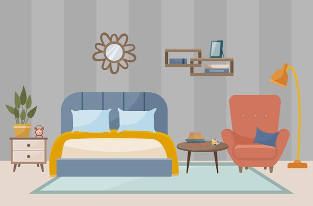 居心地の良い寝室 寝室のインテリア ベッド アームチェア ミラー フォト フレーム 棚 本 ホーム 花