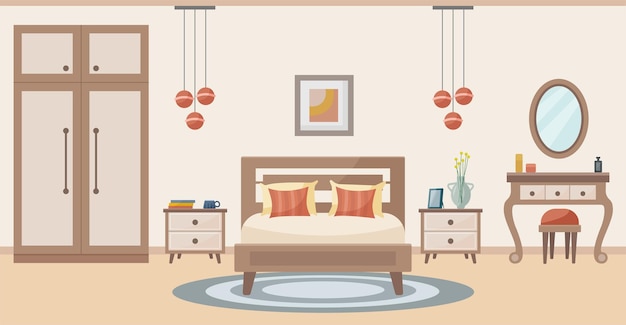 居心地の良い寝室寝室インテリアベッドドレッシングテーブル椅子カーペット鉢植えワードローブ