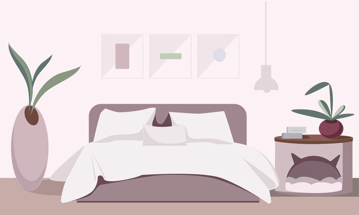 Vector cozy bedroom interior flowers place cat flat illustration