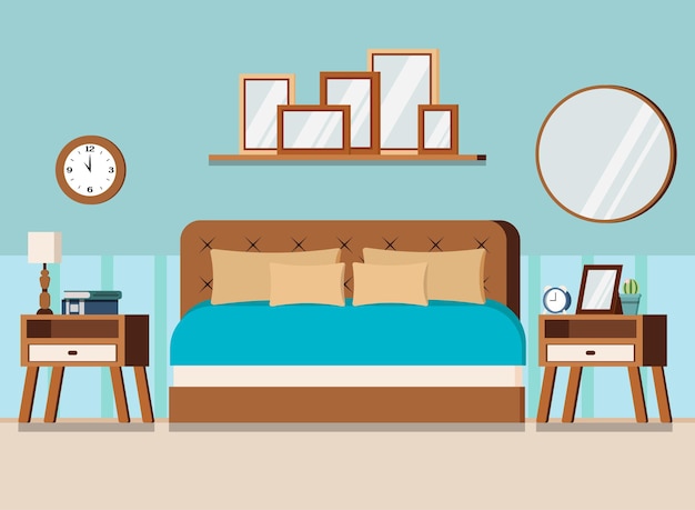 Cozy bedroom interior scene with furniture bed, nightstands, wall watch, mirror, books, lamp, alarm clock, shelf with pictures. flat style cartoon vector illustration.