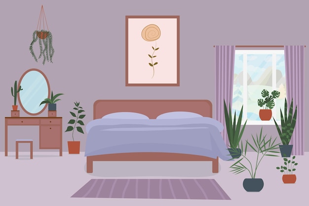 トレンディな色の居心地の良い寝室のインテリア非常にペリペリフラットスタイルのベクトル図